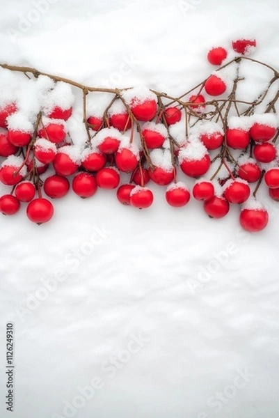 Fototapeta Snow-covered red berries on branches against a white background. Concept of winter and nature