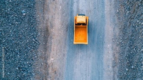 Obraz Aerial view of a yellow dump truck on a gravel road, showcasing construction activity and heavy machinery in a rugged terrain.