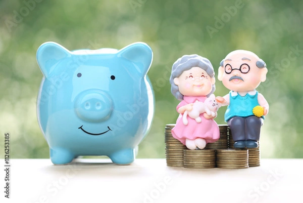 Obraz Mutual fund,Love couple senior and piggy bank with stack of coins money on natural green background, Save money for prepare in future and pension retirement concept