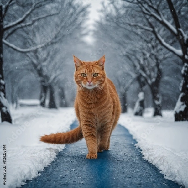 Fototapeta A ginger cat walking along a snowy blue pathway in a winter wonderland.