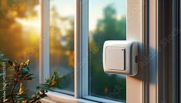 Obraz Generated image White magnetic contact sensor attached to a window frame, enhancing home security