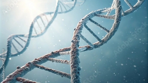 Fototapeta Detailed View of DNA Helix under Bright Light, scientific instruments, microscopic image, twisted strands