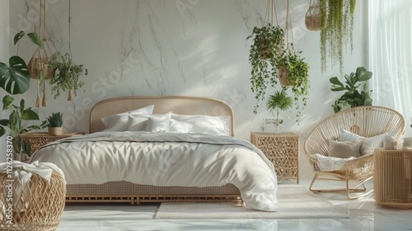 Obraz A serene, luxury bedroom with a king-size bed, rattan furniture, and a collection of hanging plants. Soft textiles and elegant finishes make the space feel both modern and timeless marble floor.