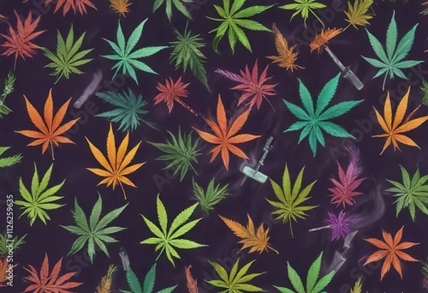 Fototapeta Colorful cannabis leaf and smoking devices seamless pattern, THC, hemp, colorful, seamless