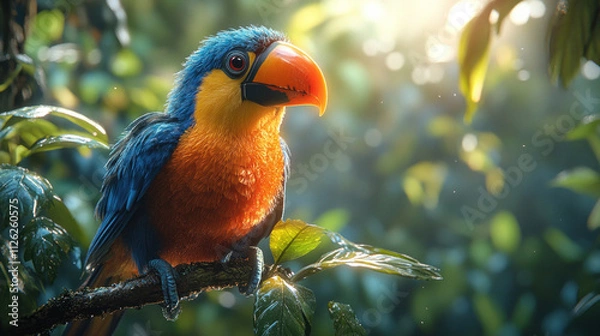 Fototapeta A colorful toucan perched on a branch in a rainforest, its beak glowing under sunlight