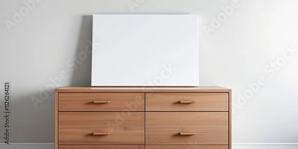 Fototapeta Minimalist picture of a blank canvas on a wooden chest of drawers, blank slate, empty shelf, sparse arrangement