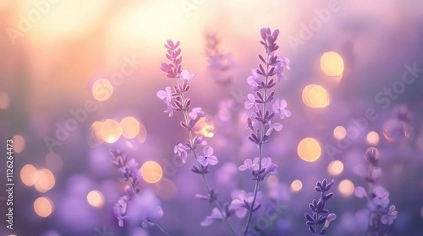 Fototapeta Soft Lilac Flowers with Bokeh Lights Under a Dreamy Sky