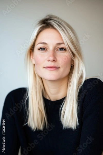 Obraz A young blonde woman with light freckles and straight hair, gazing calmly at the camera while wearing a black sweater, set against a clean and neutral background.