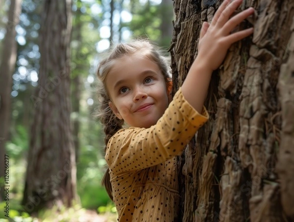 Fototapeta A little girl in a yellow polkadot dress lovingly hugs a tree trunk in a sundappled forest.