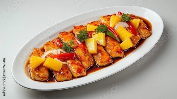 Obraz A vibrant dish featuring tender fish fillets glazed in a savory sauce, topped with fresh pineapple and red peppers, served on an elegant platter.