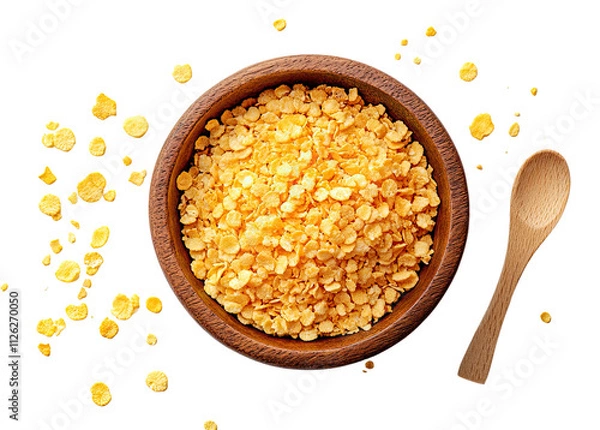 Fototapeta Top view of corn flakes in a bowl with a spoon.