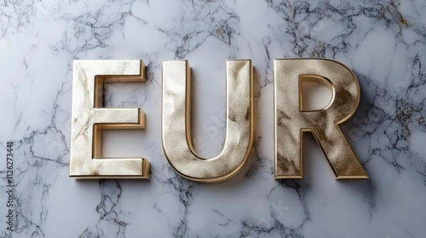 Fototapeta Golden EUR Symbol on Marble: A close-up of the EUR symbol, rendered in gleaming gold, rests on a pristine white marble background.