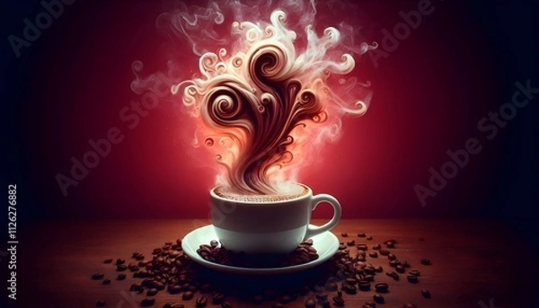 Fototapeta Steaming Espresso Coffee Cup with Swirling Burton-Inspired Steam - Dramatic Red Gradient Background with Coffee Beans Spread