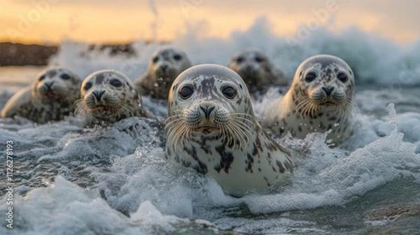 Fototapeta A pod of seals basking on rocky shores, with waves crashing in the background