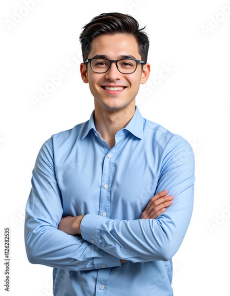 Fototapeta A young business man with smiling face and wearing glasses standing confidently with arms crossed isolated on a transparent background