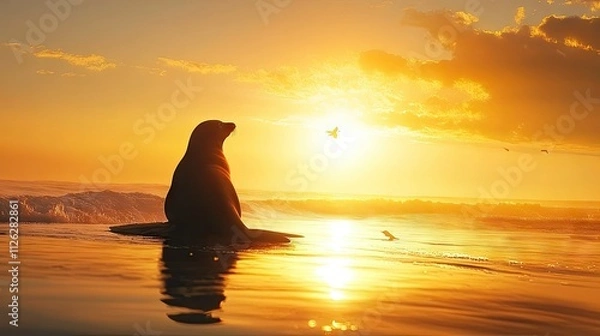 Fototapeta Seal relaxing on a beach during golden hour, its silhouette illuminated by the warm glow of the sun