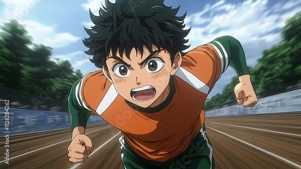 Fototapeta Determined Anime Runner Sprints Towards the Finish Line on a Sunny Day.