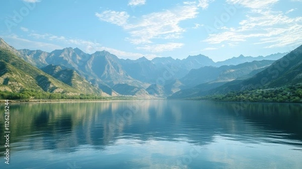 Fototapeta A picturesque scene of a beautiful spot with towering mountains and clear waters, bright sunny day, professional enviroment photography