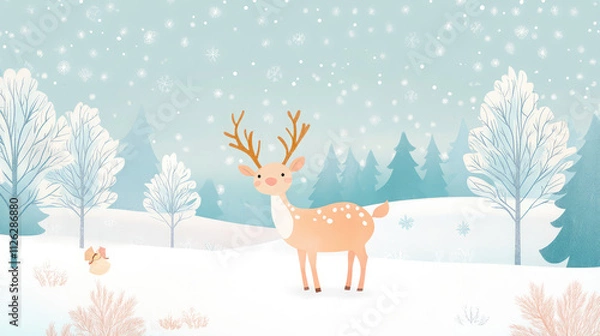 Obraz A deer is standing in the snow in front of a forest