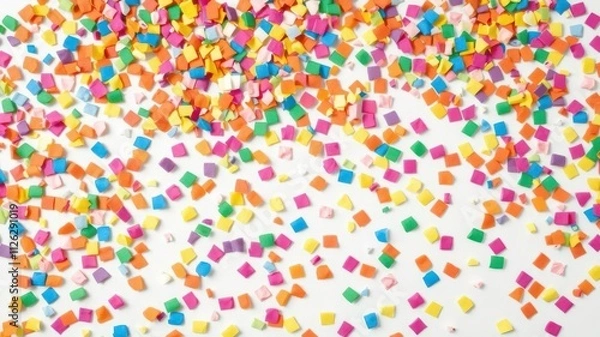 Obraz Colorful confetti in various shapes and sizes scattered on a clear background, happiness