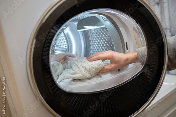 Fototapeta View of the tumble dryer or dryer machine with the door open and a towel inside