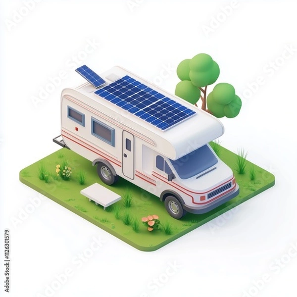 Fototapeta Solar panel on caravan. 3d icon. White background