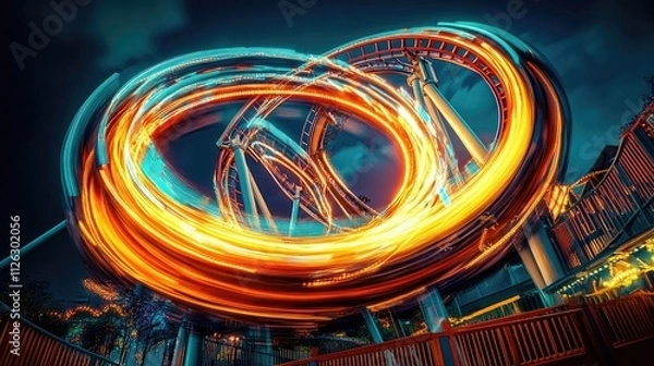 Fototapeta Artistic photograph of rollercoaster light trails captured in full motion, glowing vividly against the backdrop of a vibrant theme park.