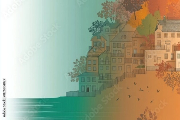 Obraz Minimalistic coastal scene with autumn hues and seaside architecture