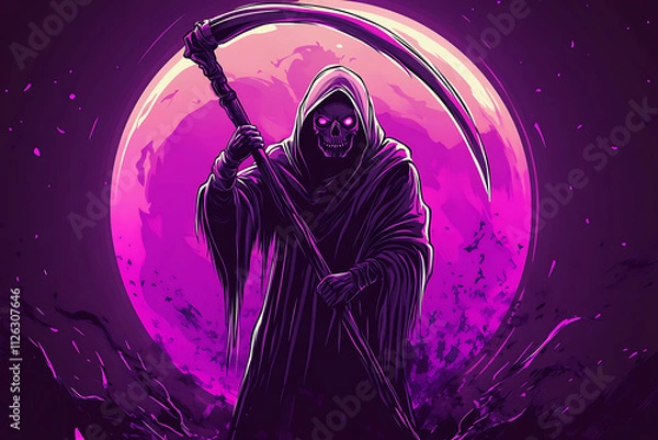 Fototapeta A skeletal figure in a hooded cloak holds a scythe against a vibrant purple moon backdrop.