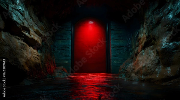 Obraz Mysterious Bio-Luminescent Cave Entrance with Glowing Red Door..