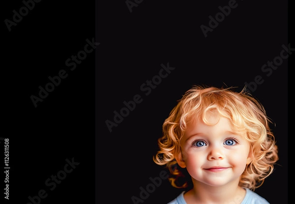 Fototapeta Portrait smiling little child or young boy with blond hair and bright eyes with black background and copy space Young boy looks clever