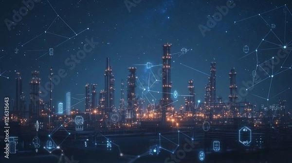 Fototapeta Digital twin technology being used in an industrial setting, such as an oil and gas refinery or factory. Industry technology