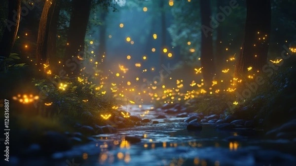 Obraz Magical fireflies illuminate a tranquil forest stream at twilight.