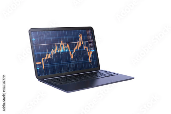 Obraz A sleek laptop displaying a financial chart with dynamic candlestick patterns.