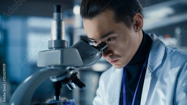 Fototapeta Medical Research and Development Laboratory: Young Caucasian Male Scientist Looking at a Biological Sample in a Petri Dish Under a Microscope in an Advanced Biotechnology Lab