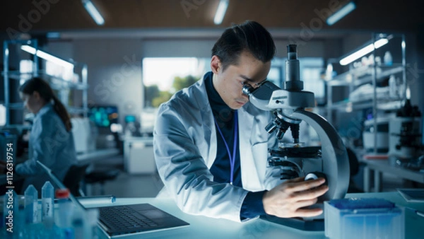 Fototapeta Medical Research Laboratory: Portrait of a Handsome Scientist Using Microscope to Analyze Samples. Advanced Scientific Lab for Medicine, Biotechnology, Microbiology Development