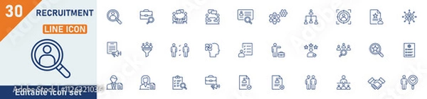 Fototapeta Recruitment line icon set. Set of 30 outline icons related to recruitment, job hiring, human resource, job search, headhunting, interview, job fair and others. Editable stroke. Vector illustration.