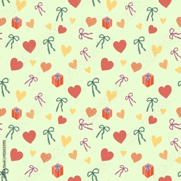 Fototapeta Image of heart, gift box and bow seamless pattern illustration Bright colors convey love. Use it to make gift paper, backgrounds, or cards.