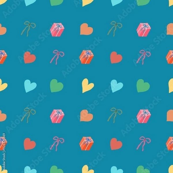 Fototapeta Image of heart, gift box and bow seamless pattern illustration Bright colors convey love. Use it to make gift paper, backgrounds, or cards.