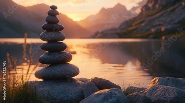 Obraz Stack of balancing zen stones near peaceful mountain lake digital