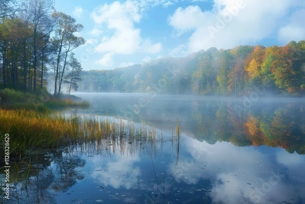 Fototapeta Misty morning at a tranquil river surrounded by lush trees and fog, creating a serene atmosphere in nature