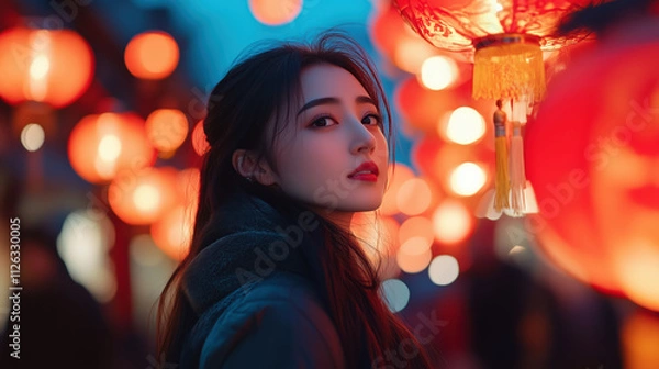 Fototapeta Beautiful Asian Woman on festive street background with traditional red lanterns. Chinese New Year, Lunar New Year