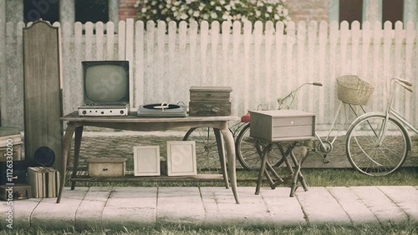 Fototapeta Retro-themed garage sale poster with vintage items and nostalgic design