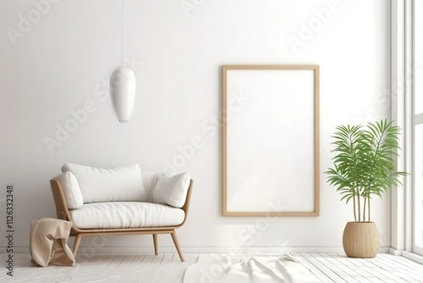 Fototapeta Mockup three poster frame in modern interior background with pink chair, living room, Scandinavian style, 3D render, 3D illustration

