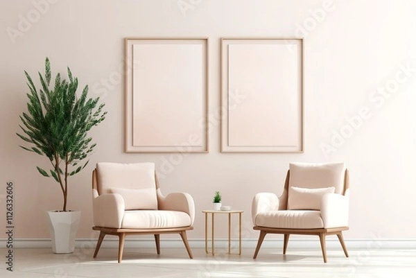 Fototapeta Mockup three poster frame in modern interior background with pink chair, living room, Scandinavian style, 3D render, 3D illustration

