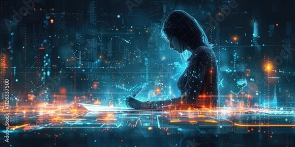 Fototapeta Engineer creates digital blueprints in a modern workspace during evening hours