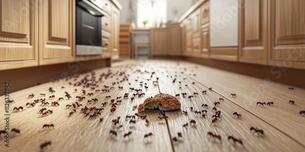 Obraz Ants swarm kitchen floor around dropped cookie in wide angle view