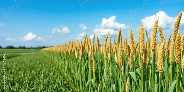 Fototapeta Row of organic cereal crops in a green field with a clear blue sky and some fluffy white clouds, barley, fields