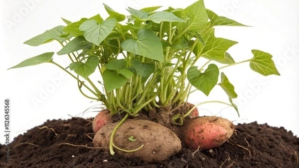 Fototapeta Sweet potato sprouts growing from the base of a mature plant, agriculture, sweet potato, farm scene, natural light, verdant fields