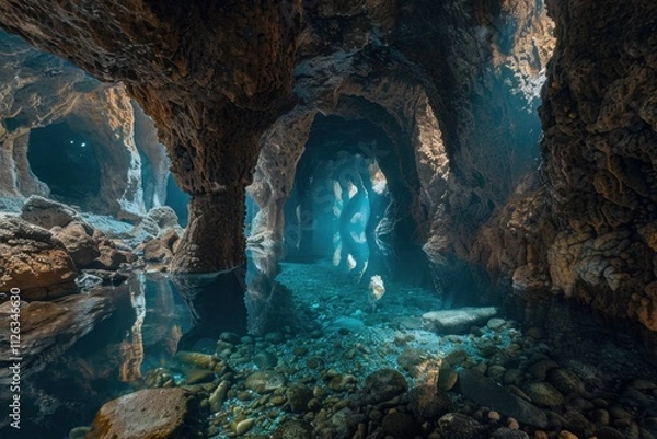 Fototapeta Exploring an underwater cave illuminated by sunlight filtering through rocky formations and mesmerizing aquatic life